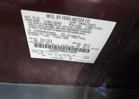 2010 Ford Taurus Sel из США, поврежденный, VIN 1FAHP2EW8AG146006